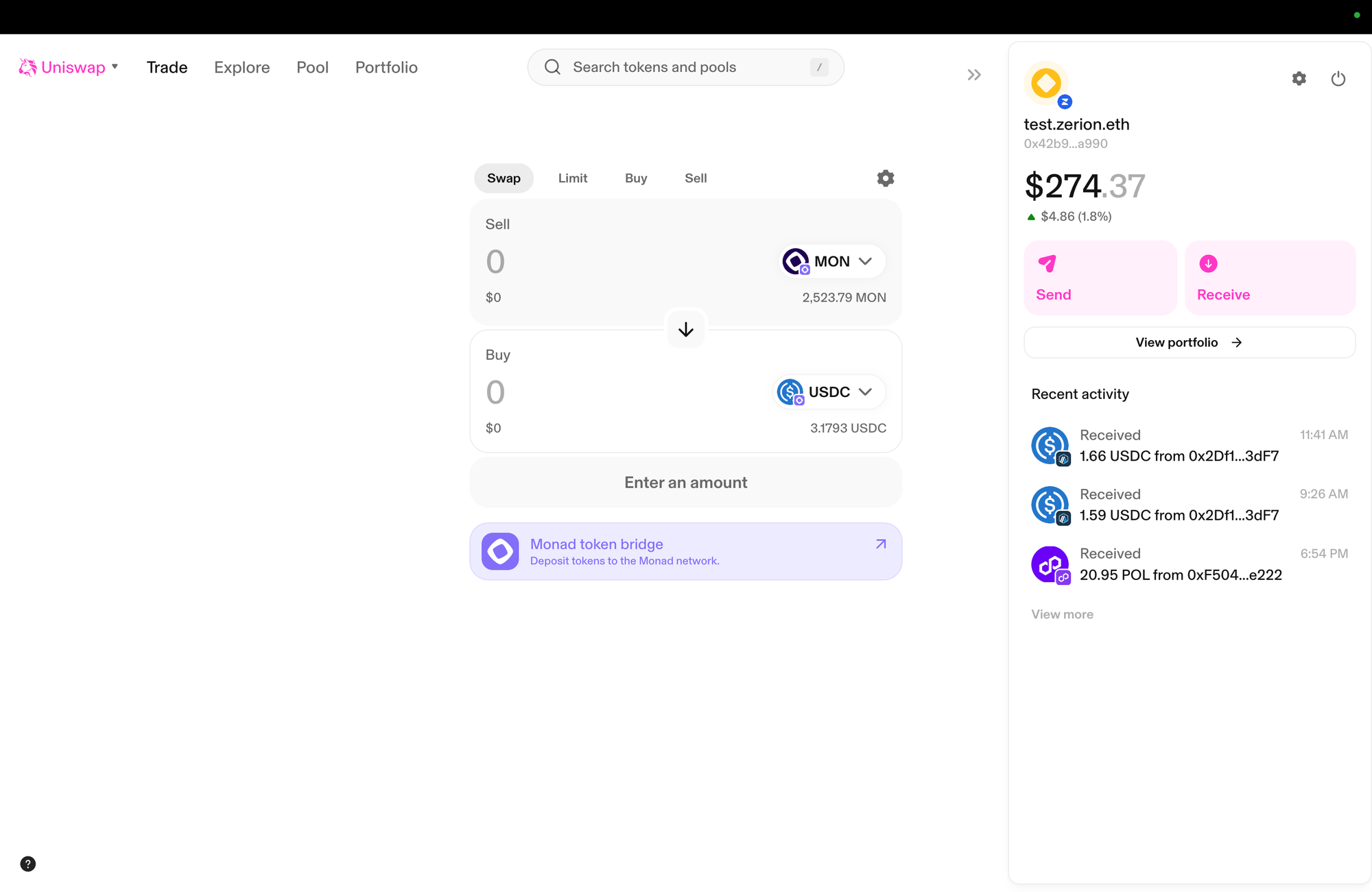 Zerion API powers token positions on Uniswap