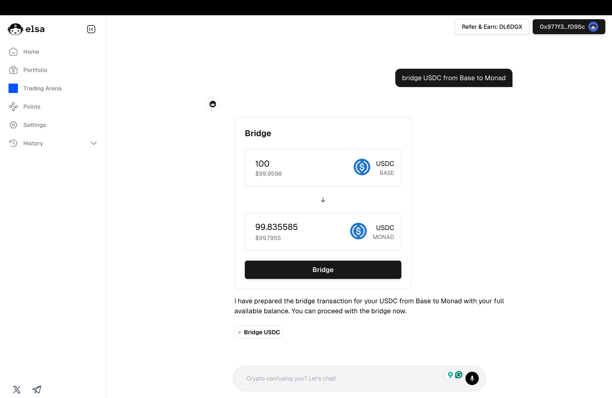 HeyElsa uses Zerion API's portfolio and transactions endpoints
