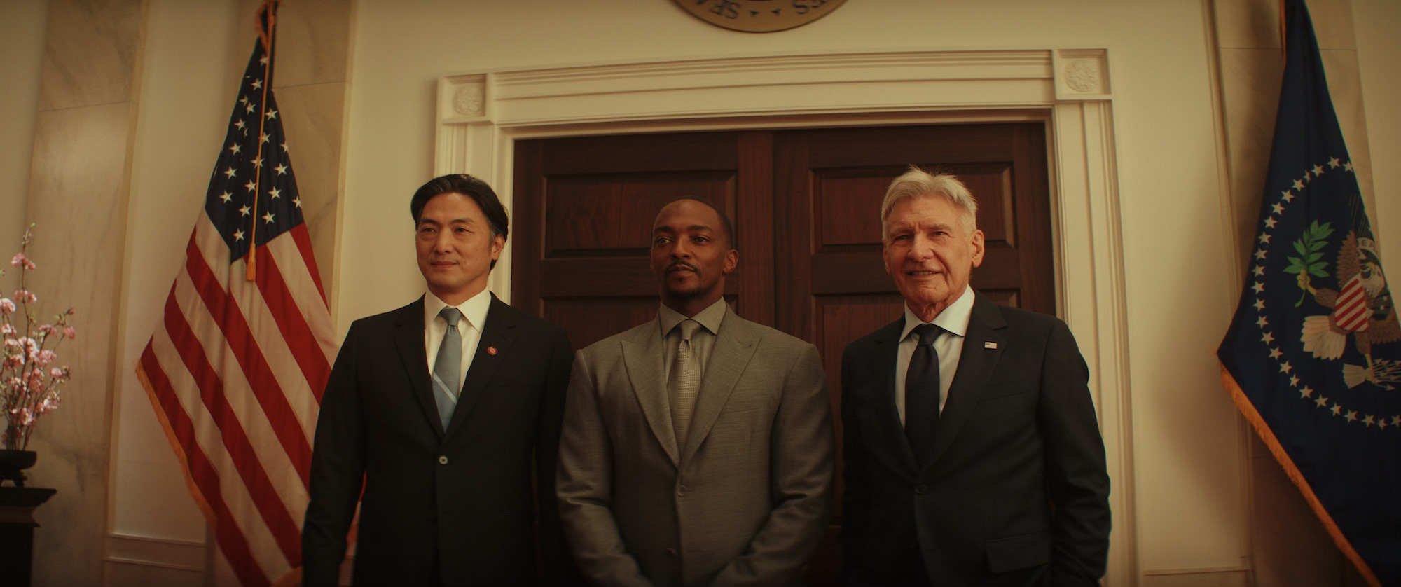 Prime Minister Ozaki (Takehiro Hira), Captain America/Sam Wilson (Anthony Mackie), and President Thaddeus Ross (Harrison Ford) in Captain America: Brave New World