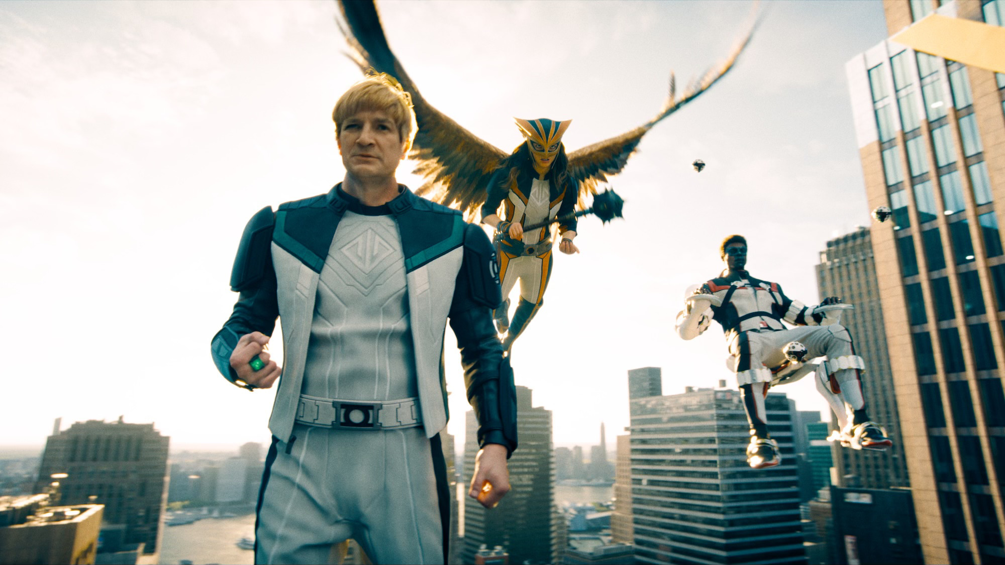 Nathan Fillion as Green Lantern, Isabela Merced as Hawkgirl, and Edi Gathegi as Mr. Terrific in Superman