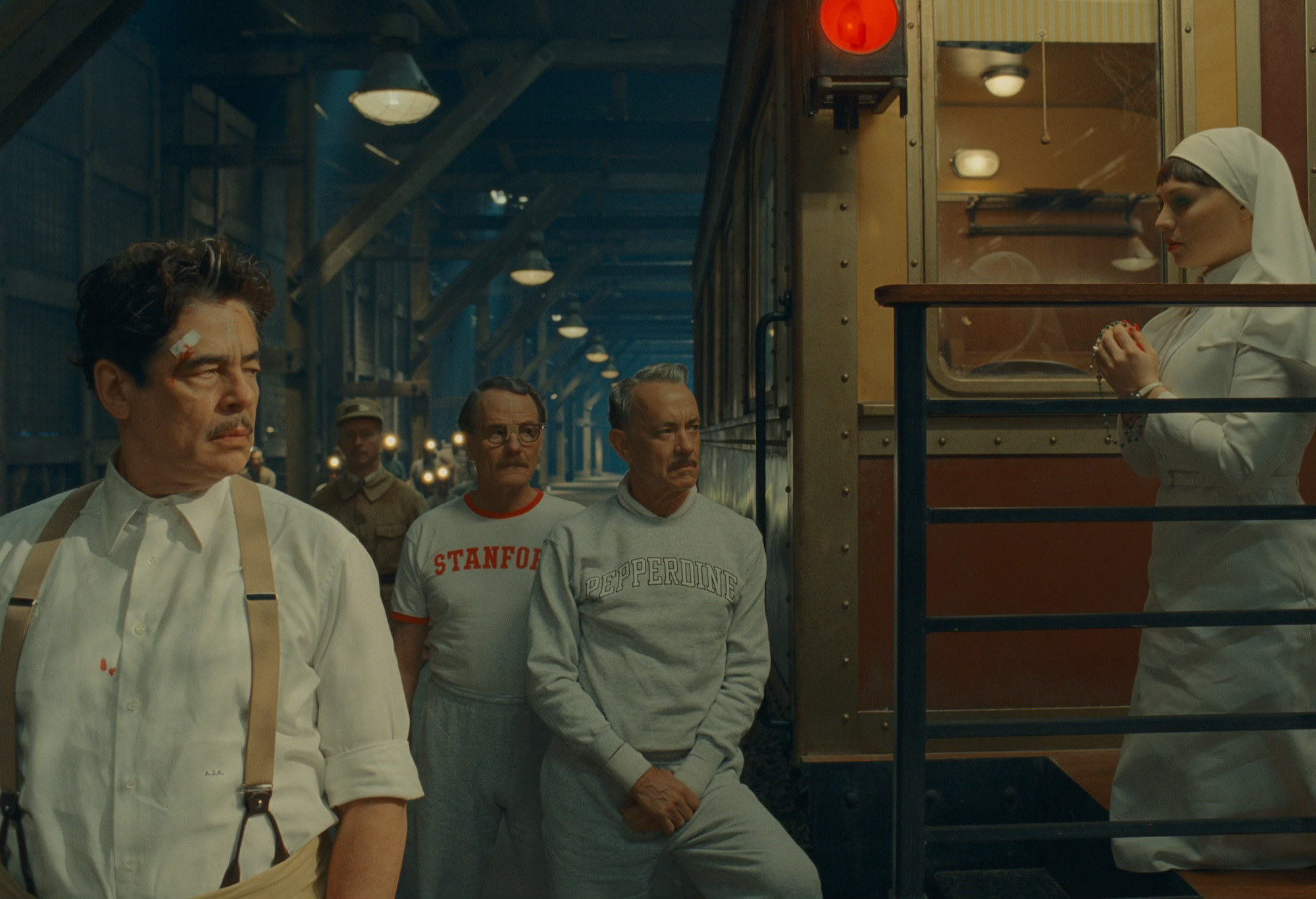 Zsa-Zsa Korda (Benicio del Toro), Reagan (Bryan Cranston), Leland (Tom Hanks), and Liesl (Mia Threapleton) in The Phoenician Scheme | Image via TPS Productions/Focus Features