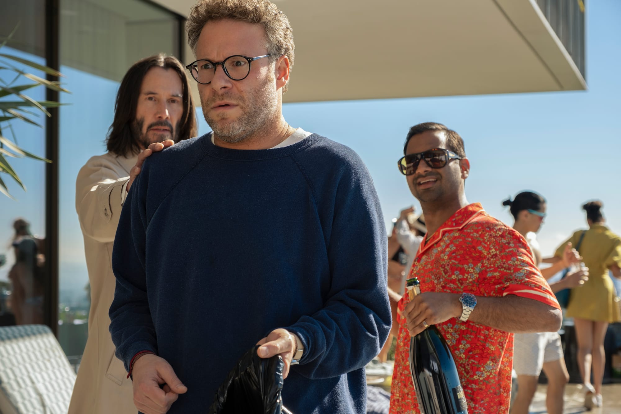 (L-R) Gabriel (Keanu Reeves), Jeff (Seth Rogen), and Arj (Aziz Ansari) in Good Fortune