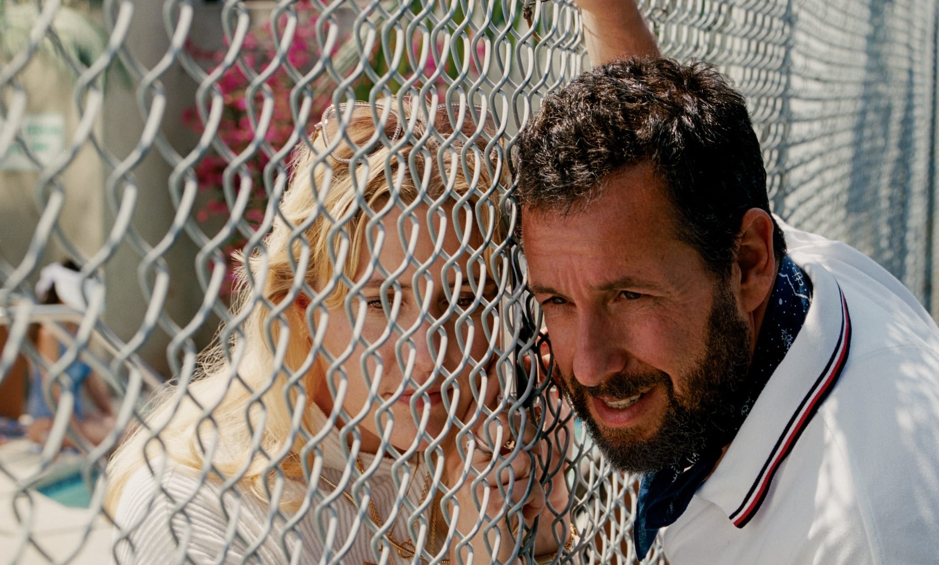 Greta Gerwig as Lois and Adam Sandler as Ron in Jay Kelly