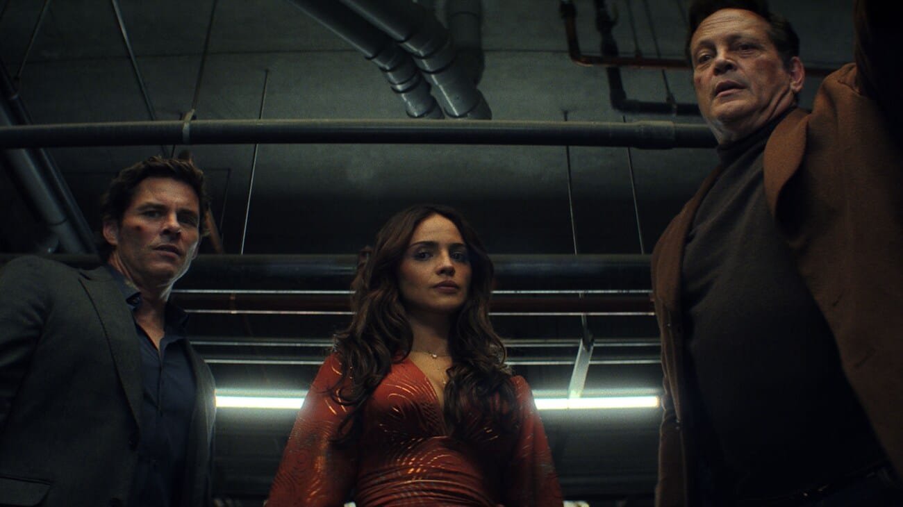 James Marsden as Mike, Eiza González as Alice, and Vince Vaughn as Nick in Mike & Nick & Nick & Alice
