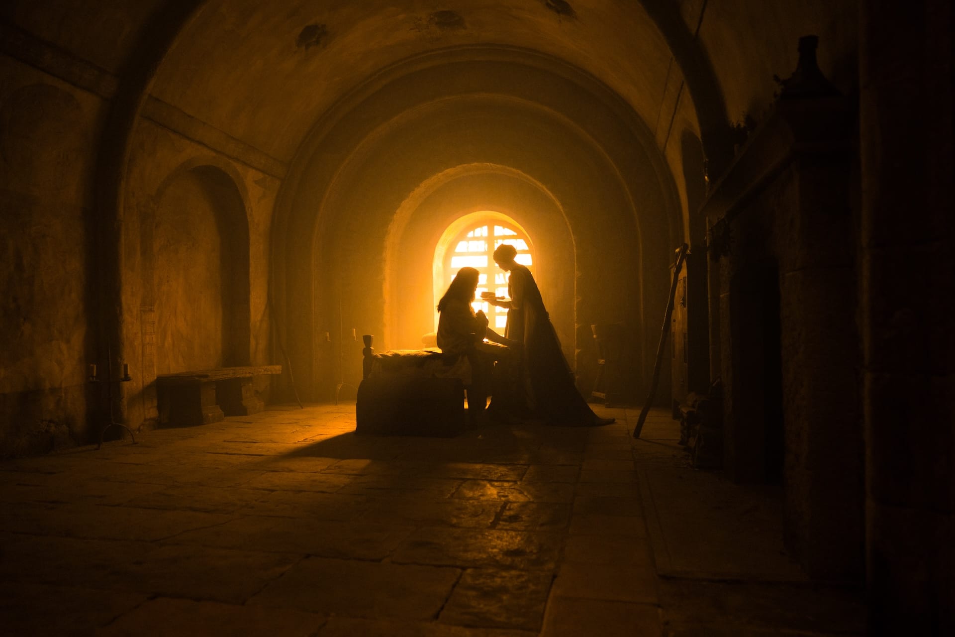 Hugh Jackman as Robin and Jodie Comer as Sister Brigid in The Death of Robin Hood