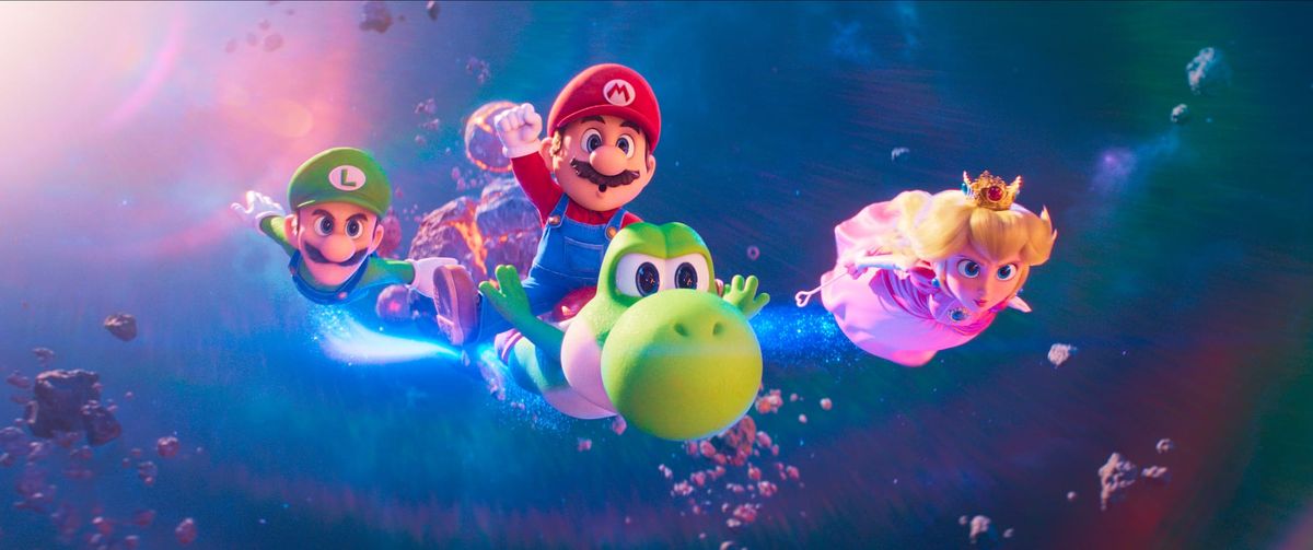 Luigi (Charlie Day), Mario (Chris Pratt), Yoshi (Donald Glover), and Princess Peach (Anya Taylor-Joy) in The Super Mario Galaxy Movie