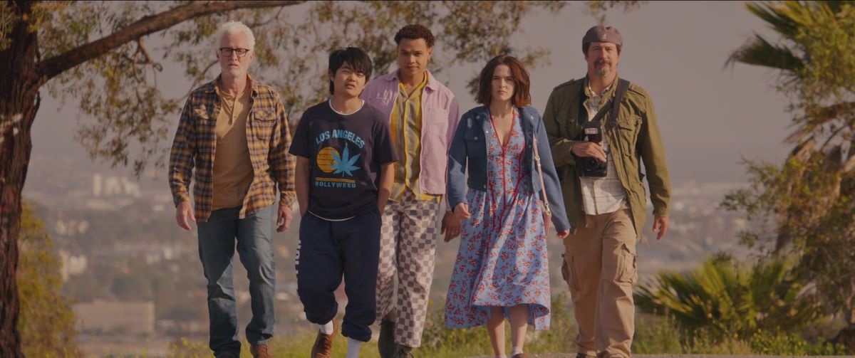John (John Slattery), Caleb (Ben Wang), Otto (Miles Guiterrez-Riley), Gail (Zoey Deutch), and Vincent (Ken Marino) in Gail Daughtry and the Celebrity Sex Pass