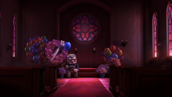 Carl Fredericksen (Ed Asner) attends his wife's funeral in Up, a movie made for children and their parents.