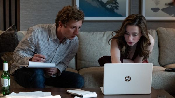 Jeremy Allen White as Jeff Horwitz and Mikey Madison as Francis Haugen in The Social Reckoning