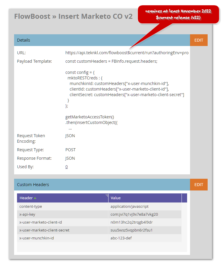Screenshot of Marketo Webhooks UI showing secret values loaded from `customHeaders` object