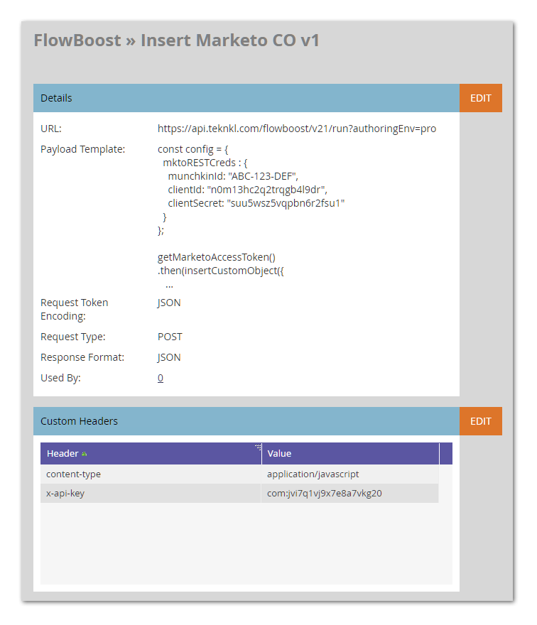 Screenshot of Marketo Webhooks UI showing plaintext secret values
