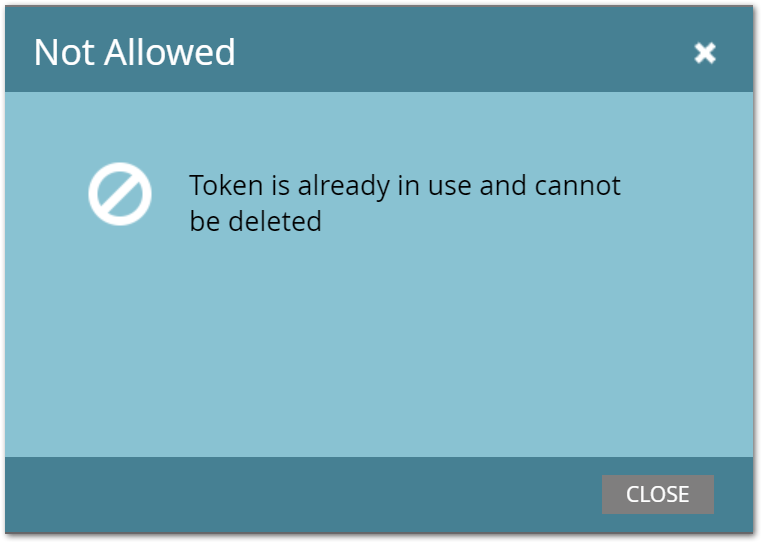 Marketo “Not Allowed” popup with the text “Token is already in use and cannot be deleted”