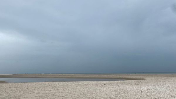Een afbeelding van een strand met op de voorgrond een zeebank en aan de horizon zie je de zee en schimmen van mensen onder een bewolkte lucht.