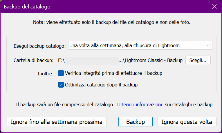 Lightroom Classic | Finestra di dialogo Backup del catalogo