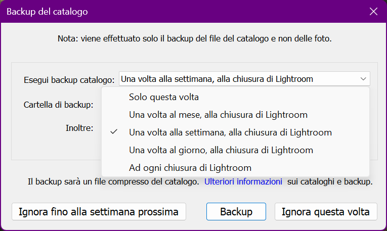 Lightroom Classic | Finestra Backup del catalogo per scegliere la cadenza del backup