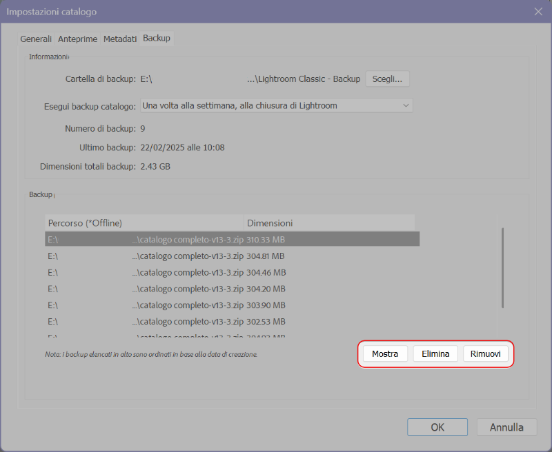 Lightroom Classic | Finestra Impostazioni catalogo per la gestione dei backup