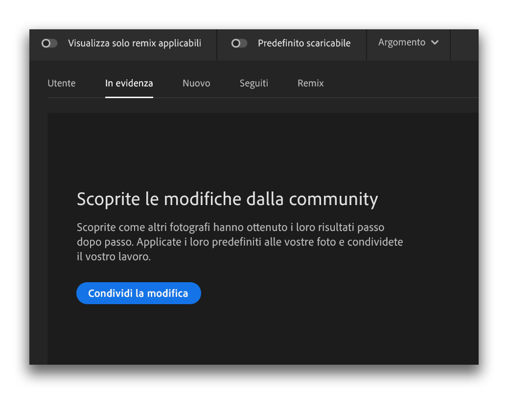 Lightroom, la finestra IN EVIDENZA da cui si può filtrare le foto pubblicate da altri utenti