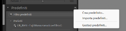 Lightroom Classic, menu Importa predefiniti...