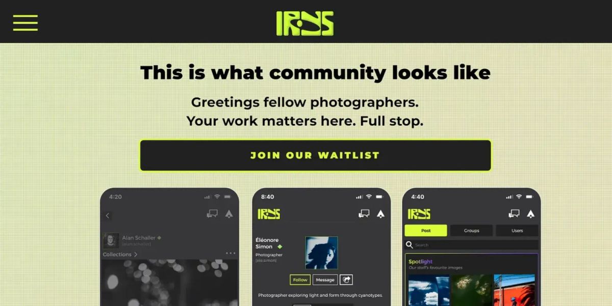 Home Page della nuova app Irys studiata per i , una nuova app per fotografi