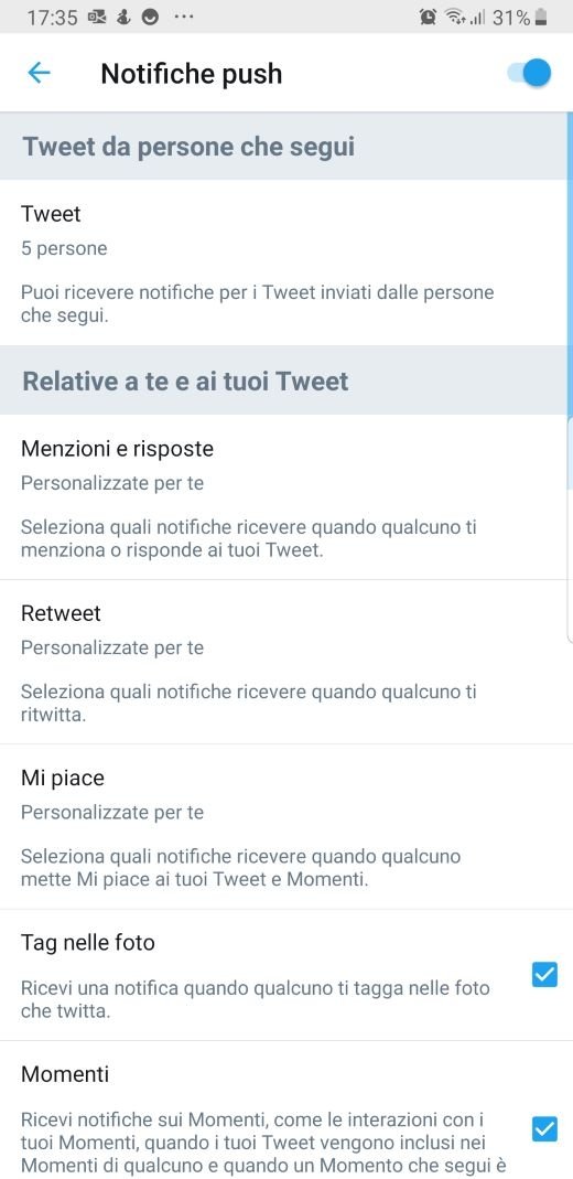 Twitter impostazioni push