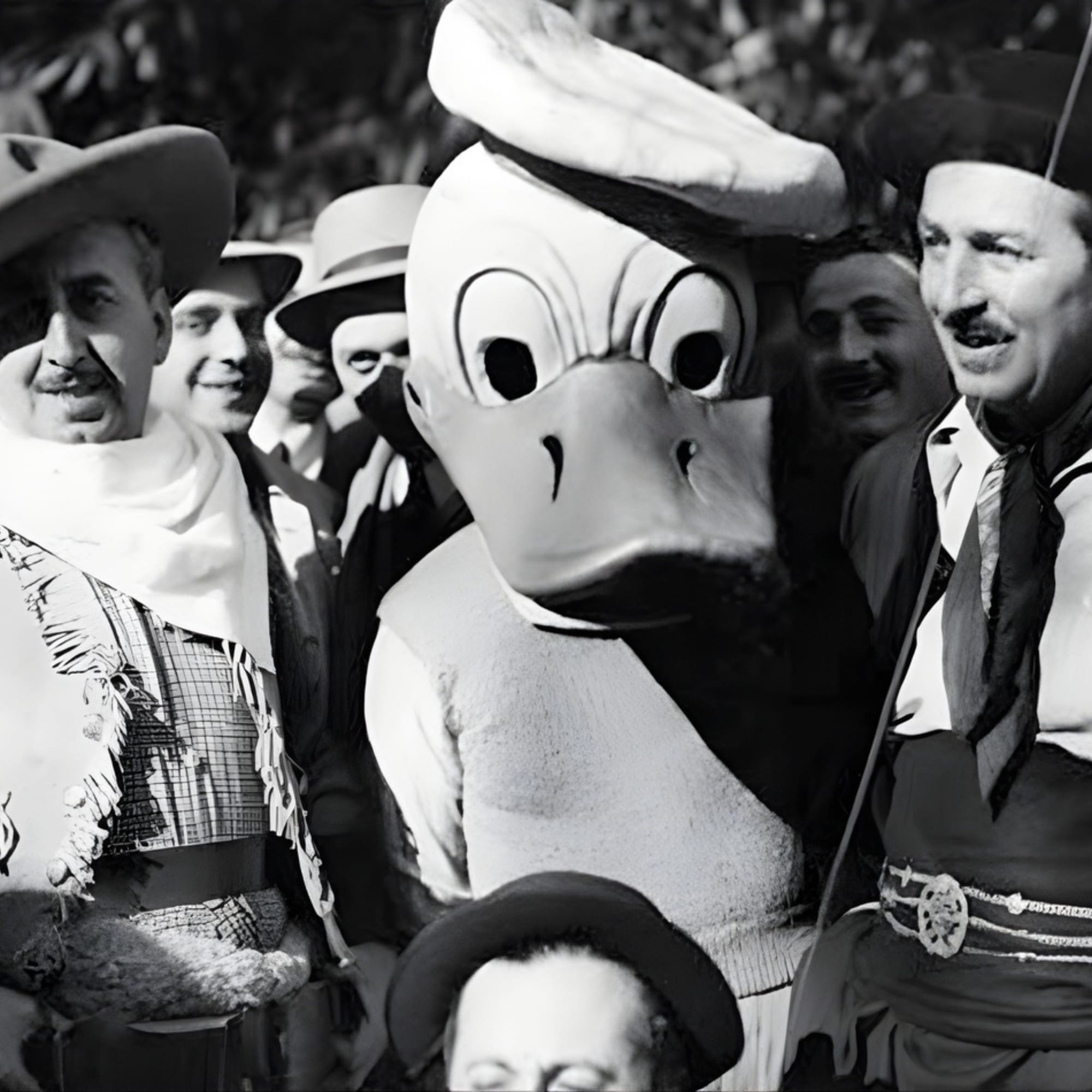 Old black-and-white photo of a person in a duck costume