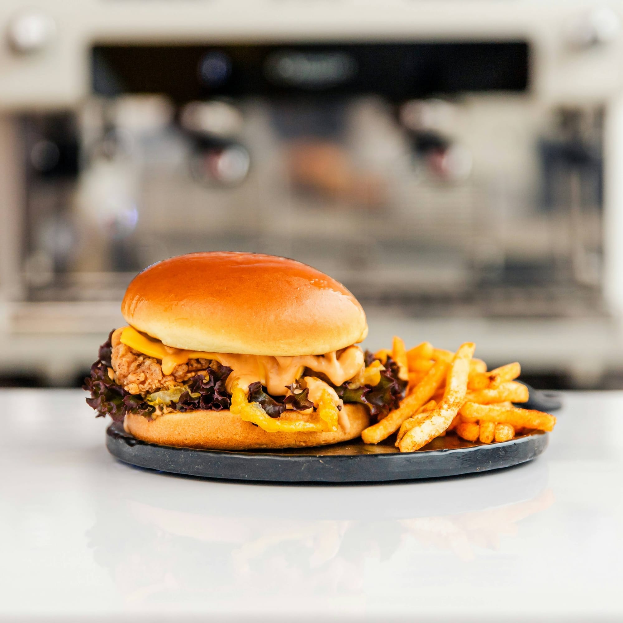 A hamburger served with french fries on a white plate