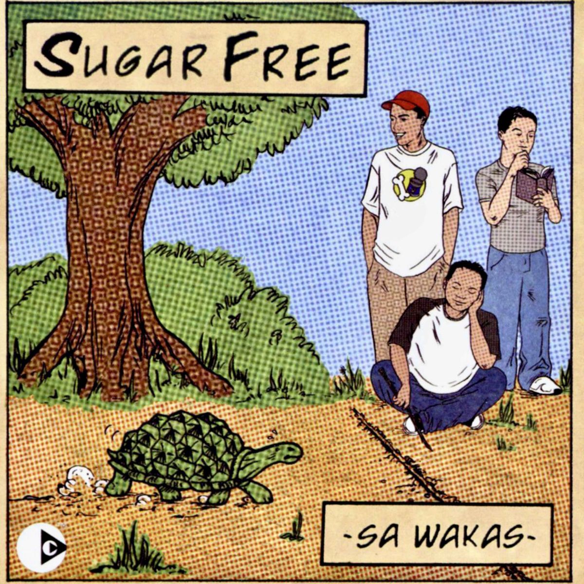 Comic panel showing three men watching a turtle, titled "Sugar Free" and "Sa Wakas"