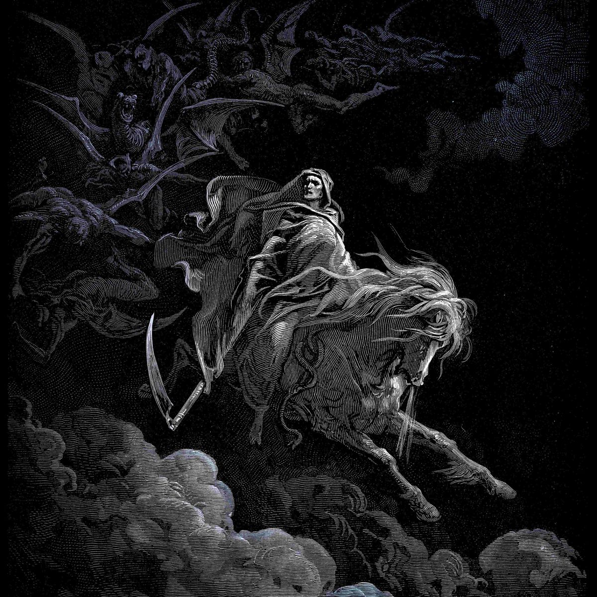 Dark engraving of Death on horseback, surrounded by flying creatures in stormy sky