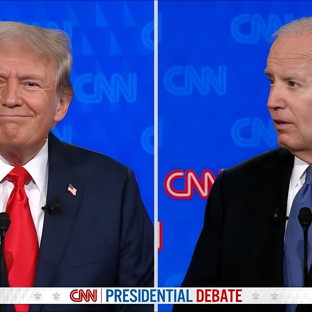 Two men in suits at CNN Presidential Debate, split-screen image with blue background