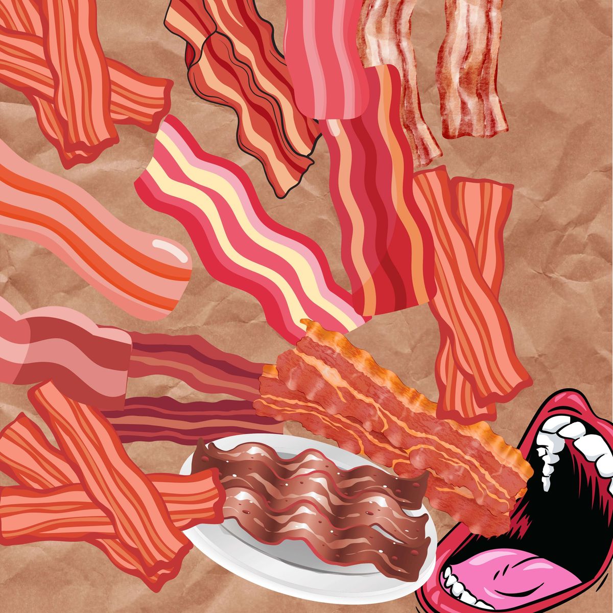Artistic illustration of bacon strips with abstract red shapes and an open mouth