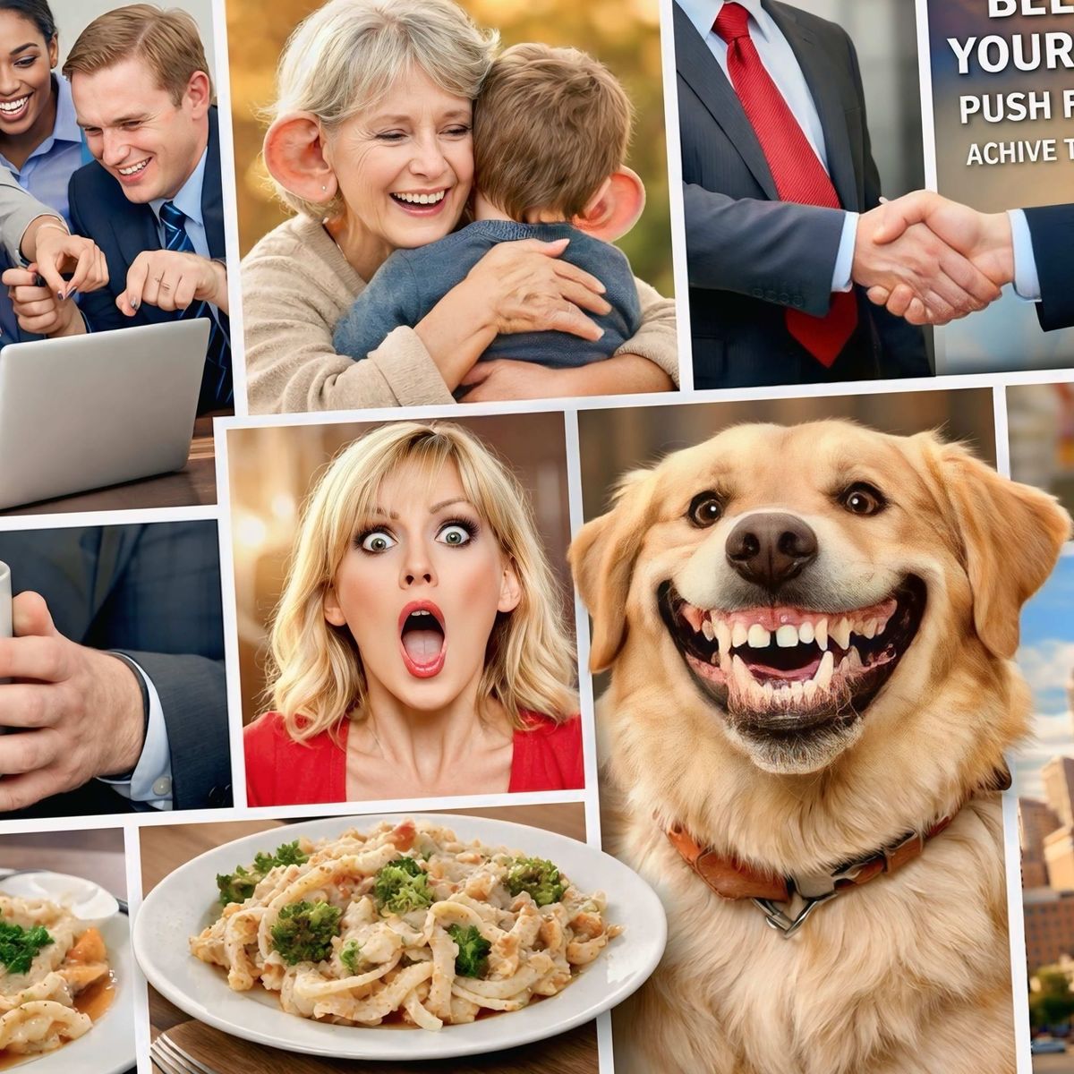 Collage of AI-generated stock images featuring people, a dog, and pasta