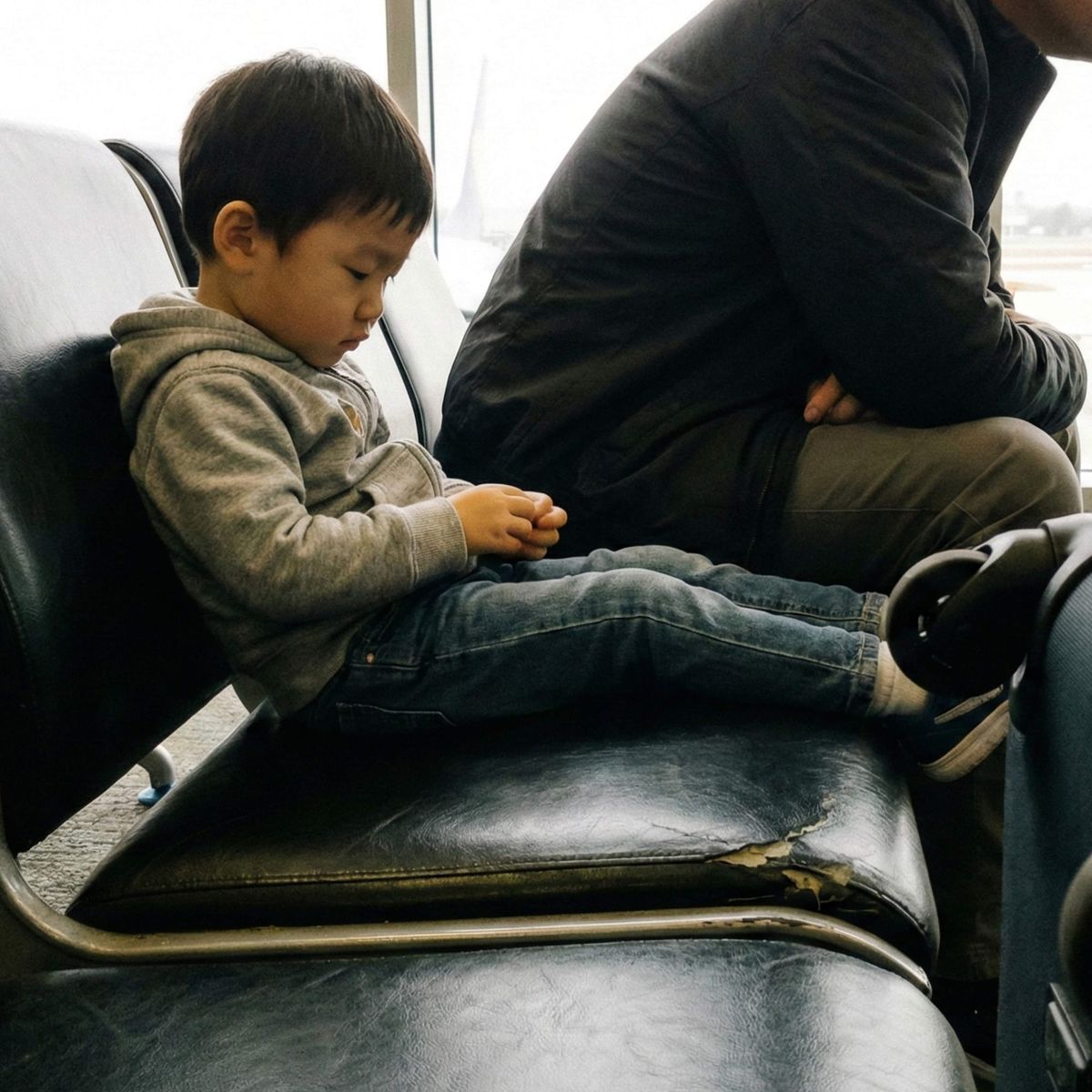 Young boy in gray hoodie sits in airport terminal, hands clasped, adult beside him