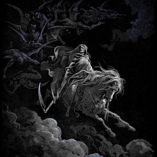 Dark engraving of Death on horseback, surrounded by flying creatures in stormy sky