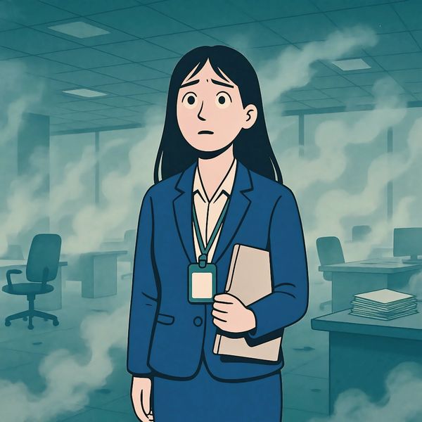 Young woman in business suit stands alone in foggy, empty office holding folder