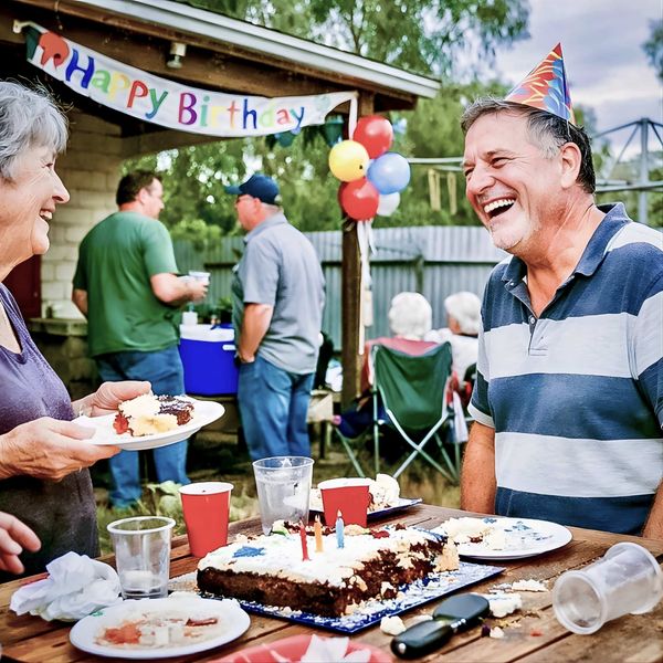 Man in party hat laughing at backyard birthday gathering with guests