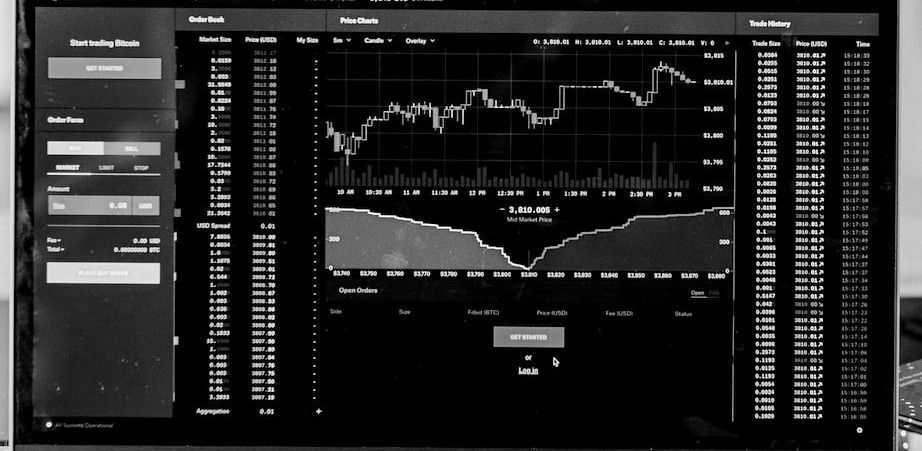 Trading Screen with charts and quote boards. Grayscale.