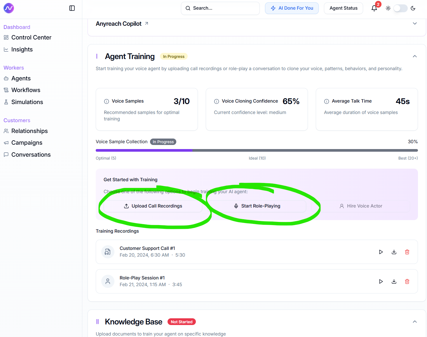 Agentic AI agent setup panel for enterprise pitch automation in Anyreach