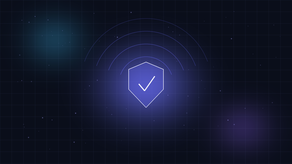Glowing shield with checkmark and radiating arcs on dark navy representing compliant AI voice agents for insurance