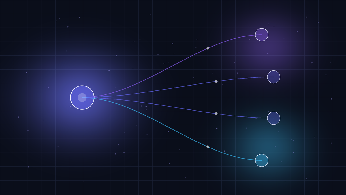 A glowing node branching into multiple paths on dark navy representing Retell AI alternatives