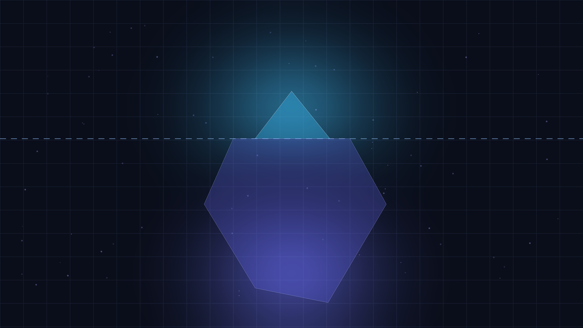 Iceberg above and below a waterline on dark navy representing the hidden costs of building on a raw voice API