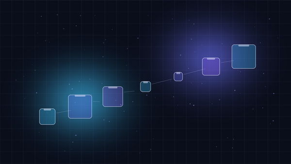 Glowing parcels ascending on dark navy representing AI customer support for ecommerce