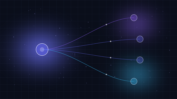 A glowing node branching into multiple paths on dark navy representing Retell AI alternatives