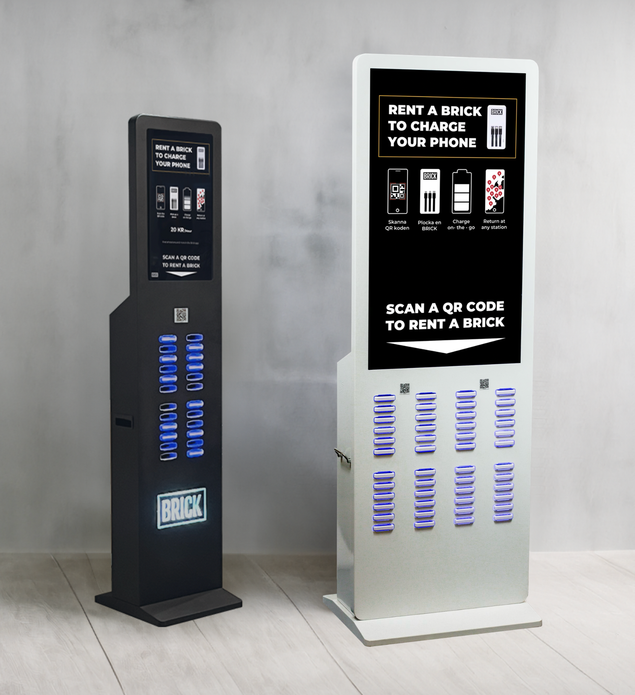 The Brick Tower and Skyscraper freestanding power bank sharing stations side by side