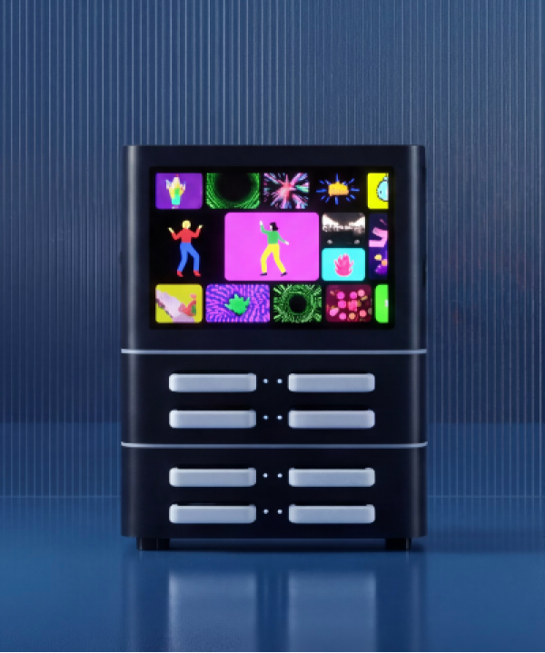 Brick Core tabletop power bank sharing station with an 8-inch LCD screen and no payment terminal