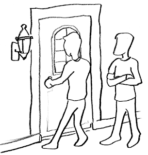 Illustration: two men struggle at a door