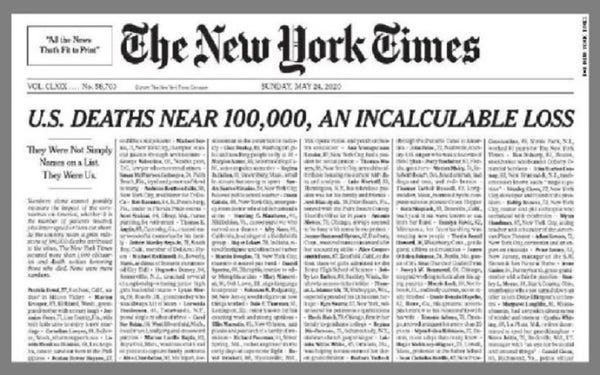 Cover of the New York Times. The headline reads "U.S. Deaths near 100,000: An Incalculable Loss"