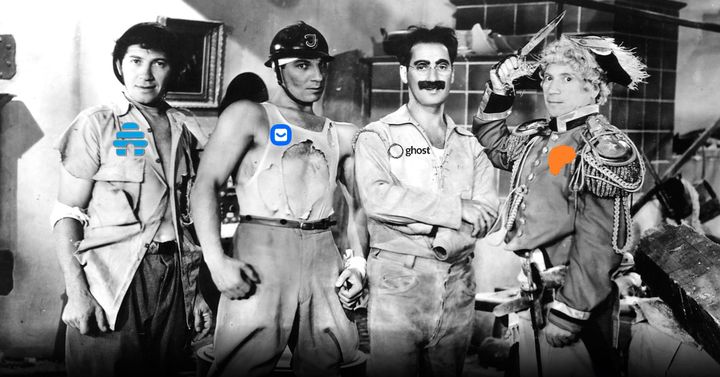The Marx Brothers in the famed war scene from Duck Soup, each bearing the logo of a different Substack competitor.