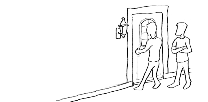 Illustration. Two men struggle at a door.