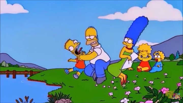 From The Simpsons: A country scene. Homer strangles Bart as the rest of the family watches.