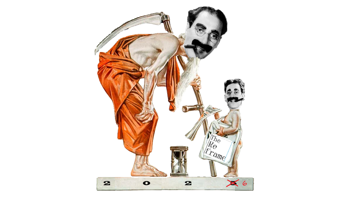 Norman Rockwell painting of Father Time greeting Baby New Year. Both figures' heads have had that of Groucho Marx superimposed over them.